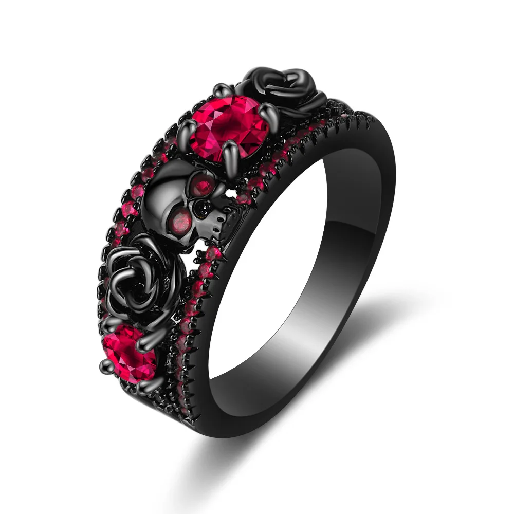 Gothic Skull Ring - 레드, 블루, 그린 지르콘 링이 상감된