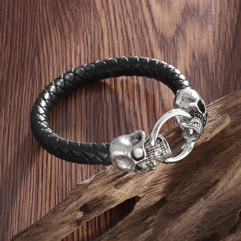 고딕 더블 해골 블랙 땋은 가죽 팔찌 반지 걸쇠 남자  - Gothic Skull Ring 리뷰 및 가격