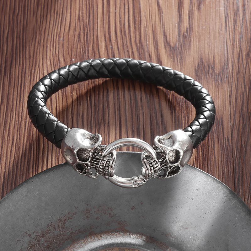 고딕 더블 해골 블랙 땋은 가죽 팔찌 반지 걸쇠 남자  - Gothic Skull Ring 리뷰 및 가격